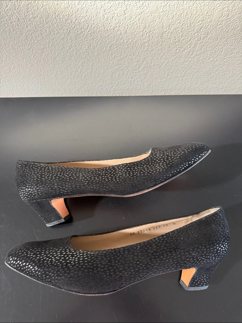 Salvatore Ferragamo Black Suede Pumps with Silver Dot Accents